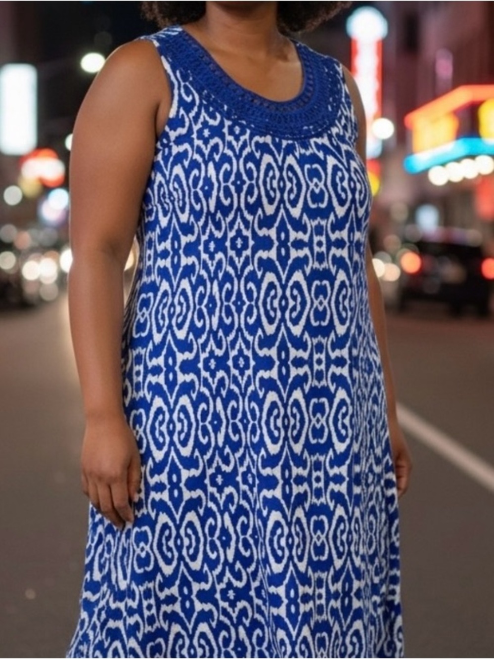 Kim Rogers Women's size 14 Royal Blue abstract pattern 100% Linen midi dress